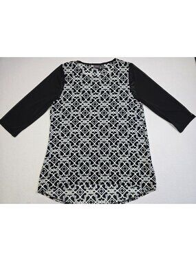 Chicos Travelers Size 2 Large Black & White Pattern Tunic Top 3/4 Sleeve